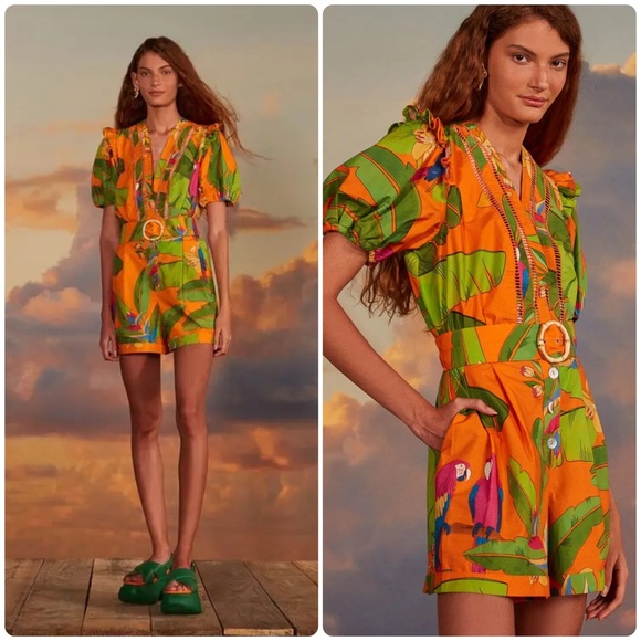 FARM Rio Pants - 🌴 FARM Rio size M Fresh Macaws Belted Romper 🌴